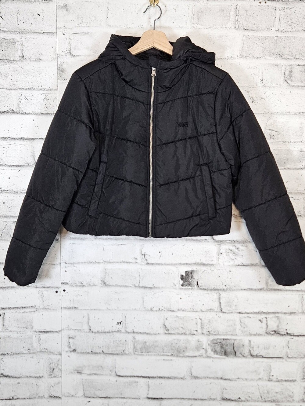 Vans Womens Black Hooded Puffer Jacket Medium Cropped Quilted